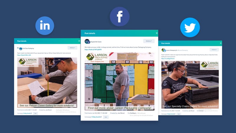 A screenshot showing social post previews for LinkedIn, Facebook and Twitter.